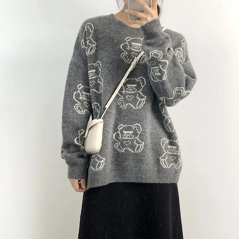 Neploe Pull Femme милый медведь вышивка женский свитер с длинными рукавами и круглым вырезом вязаный пуловер Мягкий Топ Джемпер серый черный трикотаж 55104
