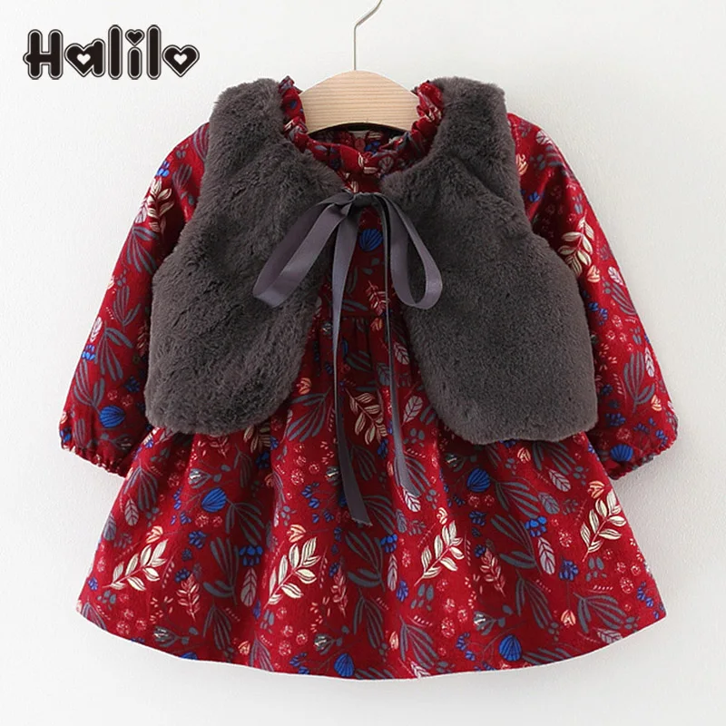 

Halilo Baby Girl Winter Dresses Floral Plus Velvet Warm Infant Fall Clothing Princess Costumes Christmas Girls Dress