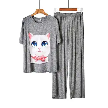 

Summer Kawaii Cat Women's Pajamas Set Casual Loose Modal Female Cartoon Pyjamas O-Neck Sleepwear Plus Size Homewear Two Pieces