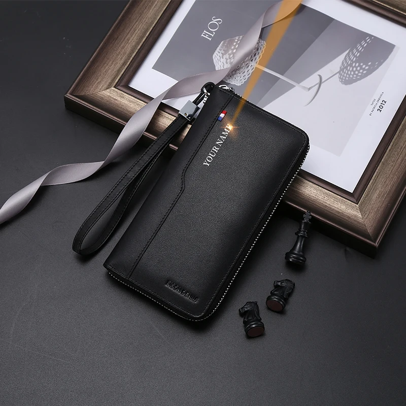 BISON DENIM Engraving Men Wallets Long Style Card Holder Male Purse Zipper Large Capacity Brand Genuine Leather Wallet For Men