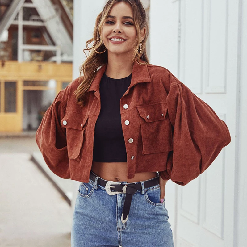 

Corduroy Jacket Women Spring Autumn Big Pockets Lantern Sleeve Brown Short Jackets Single Breasted Casual Coats Female Clothes