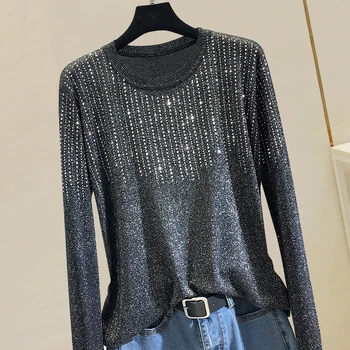 

New Autumn Winter Tassel Hot Drilling Knitted Top for Women Loose Pullovers O Neck Long Sleeve Bright Silk Basic Female Sweaters