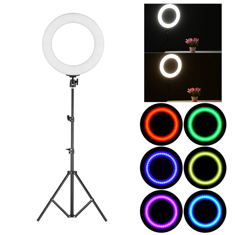

14" LED Video Ring Lamp Photo Studio Photography Lighting Adjustable Brightness 3200-7000K Color Temperature with Tripod Stand