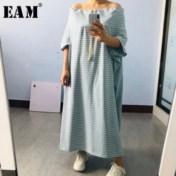 

[EAM] Women Striped Split Big Size Long Dress New Slash Neck Three-quarter Sleeve Loose Fit Fashion Spring Summer 2020 1T203