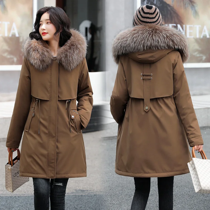 

2021 Thicken Warm Long Coats Women Fur Lining Warm Jackets Snow Wear Female Hooded Outerwear Parkas S-3XL Plus Size SWREDMI