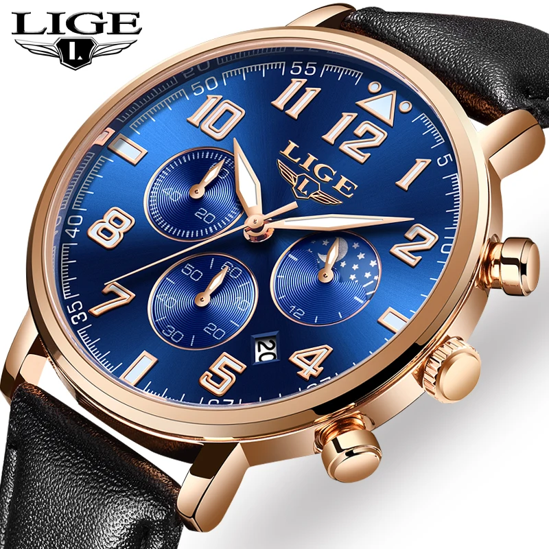 

2019 LIGE Fashion Leather Mens Watches Top Brand Luxury Relogio Digital Military Waterproof Quartz Watch Men Sport Chronograph
