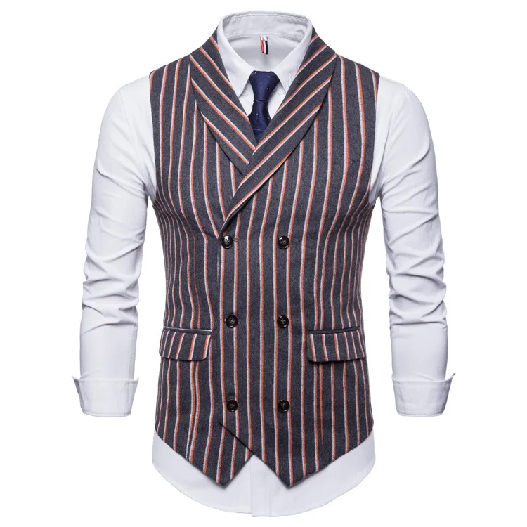 EBay весна и осень стиль Повседневный модный мужской классический вертикальный полосатый Двубортный повседневный жилет