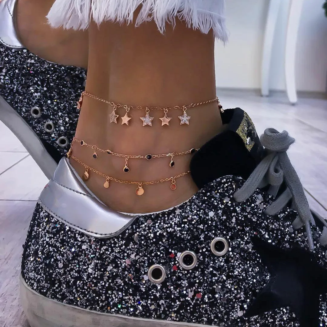 Punk Women Golden Multilayer Ankle Bracelet Fashion Round Star Tassel Pendant Chain Anklets Sandals Barefoot Beach Charm Jewelry | Украшения
