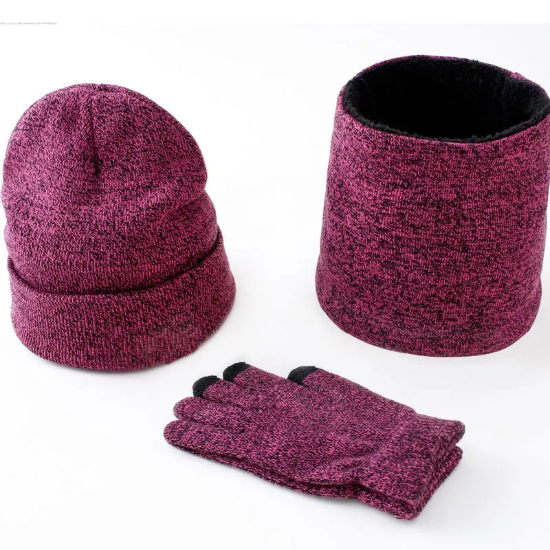 Мужская зимняя шапка и шарф-перчатка, комплект из трех предметов, шапка Skullies Beains, женский зимний теплый шарф с кольцом, женская шапка для девочек - Цвет: Rose red
