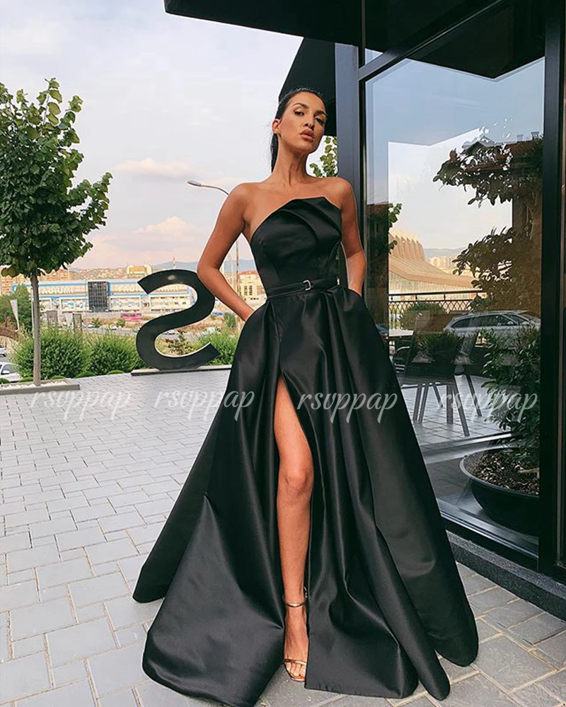 

Long Black Evening Dresses 2019 Simple High Slit Strapless Arabic Women Satin Elegant Dubai Formal Party Gowns