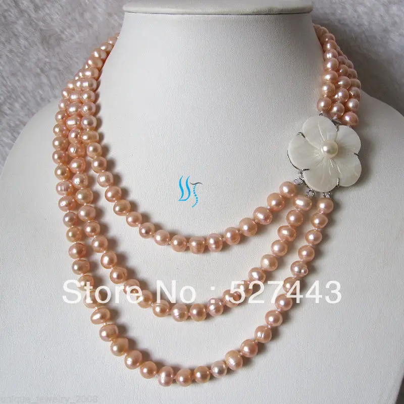 

Wholesale 17-20" 6-8mm Pink 3Row Cultured Freshwater Pearl Strand Necklace HD