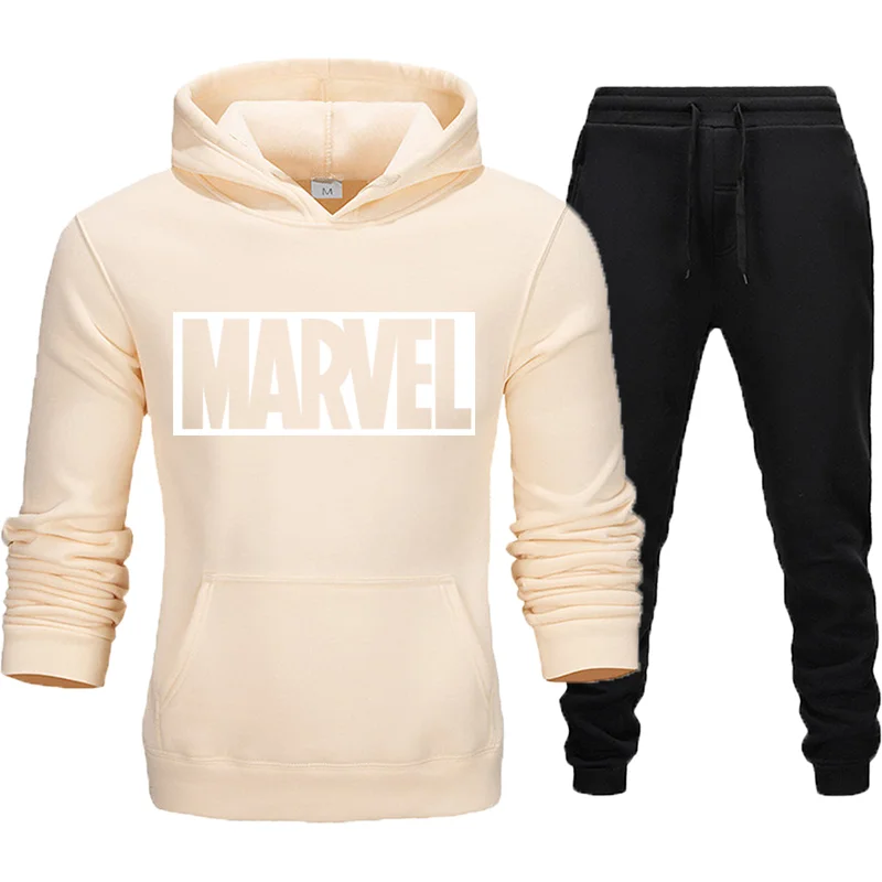 Простой модный мужской костюм с принтом Marvel, спортивный костюм, мужская спортивная одежда, флисовый плотный спортивный костюм с капюшоном и штанами, Азиатский размер - Цвет: khaki