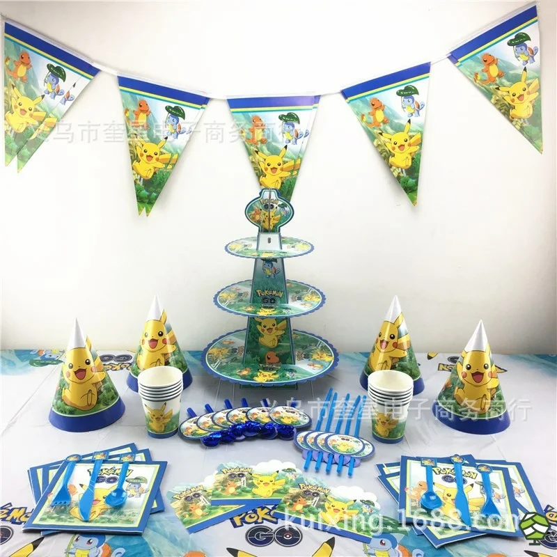 Artículos de decoración para fiestas de cumpleaños, mantel de Pokemon, vela de Pikachu, vasos de papel, plato, cubertería, cuchara para niños, novedad de 2021