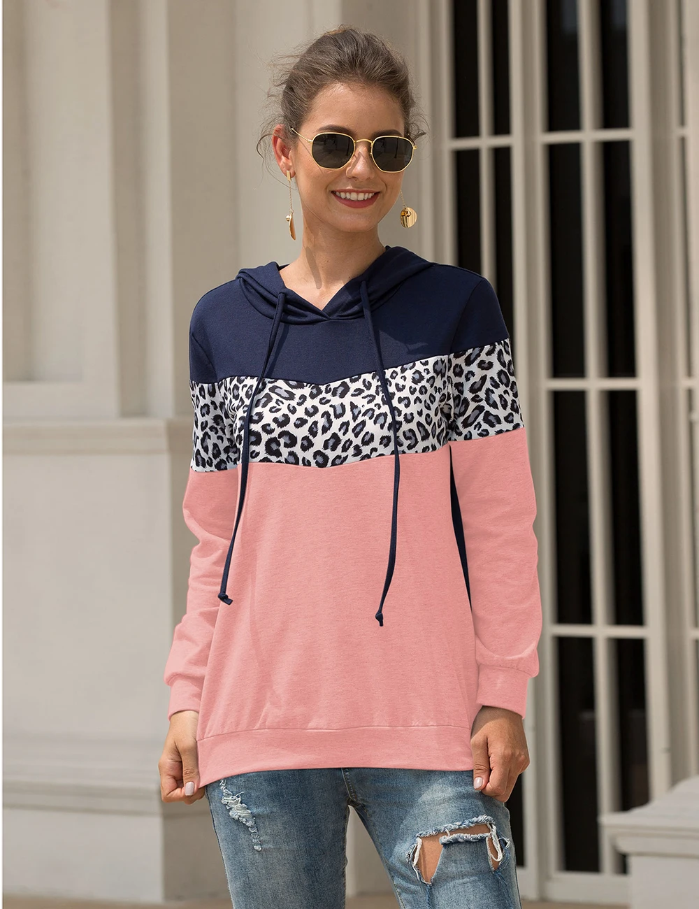 Женский леопардовый принт, толстовки, повседневный лоскутный цветной женский свитер в полоску, модный Свободный Женский пуловер с капюшоном - Цвет: Розовый