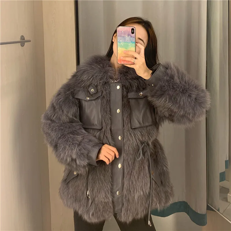 Женская куртка из меха локомотива,, зимнее пальто для женщин, новое пальто из искусственного лисьего меха, плотное теплое пальто, меховая кожаная куртка, Женские базовые пальто