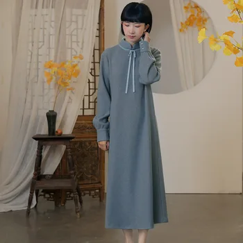 

2019 autumn winter new knitted improved cheongsam dress Chinese style women zen tea clothing