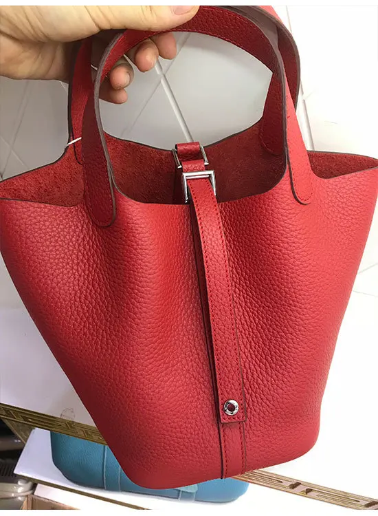 18cm Кожаная сумка через плечо, кожаная женская сумка, корзина для овощей, настоящая кожаная сумка, простая сумка-мешок с зернистой текстурой личи - Цвет: 18cm
