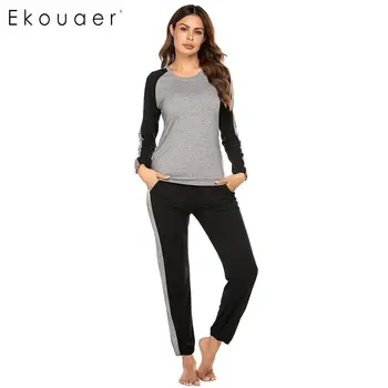 

Ekouaer Women Sleepwear Spring Autumn Pajamas Set O-Neck Long Sleeve Tops Long Pants Winter Pajama Set Homewear Clothes