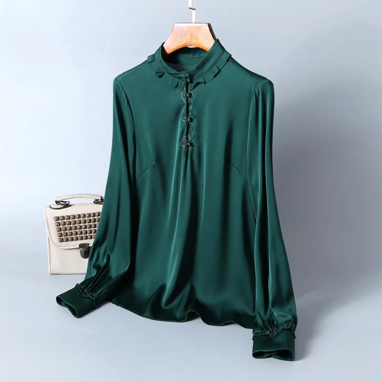 

Shirt Women 2020 Spring Fashion Elegant Solid Color Single Breasted Pullover Solid Color 100% Silk Stand Collar Long Sleeve Tops