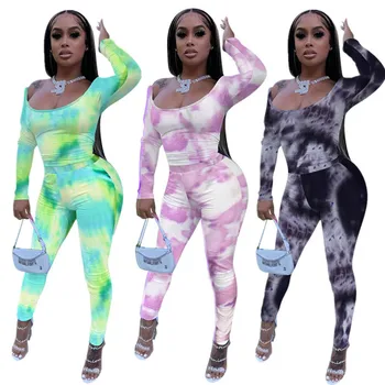 

Tie Dye Sporty Workout Two Piece Set Women Fitness Long Sleeve Active Wear Tracksuits 2020 Crop Top And Leggings Pants Sets