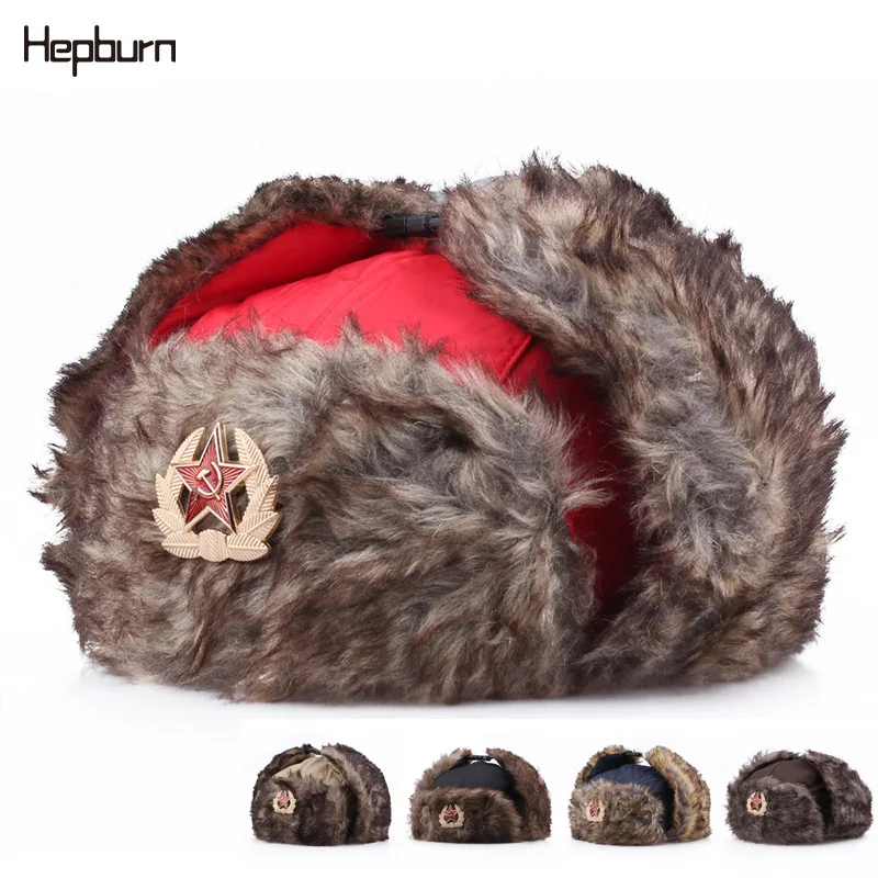 

Hepburn brand Ushanka Soviet Army Military Badge Russia Bomber Hats Winter Waterproof Warm Pilot Snow Trapper Aviator Cap 