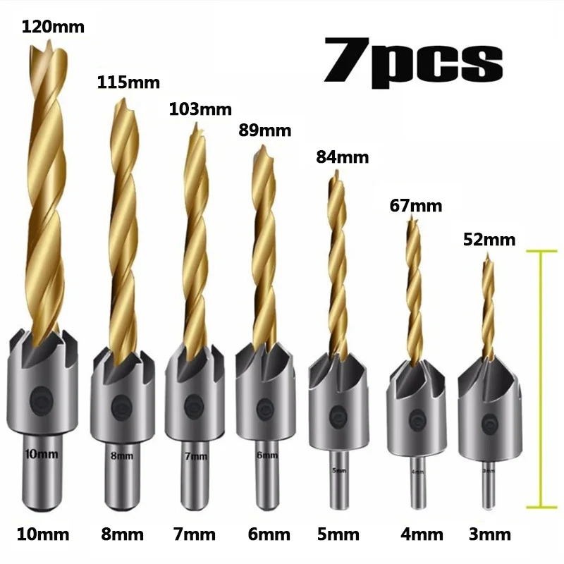 3-10mm vástago redondo revestimiento de titanio de HSS Countersink taladro poco carpintería chaflán aburrido herramienta para trabajar la madera con Hex L-llave