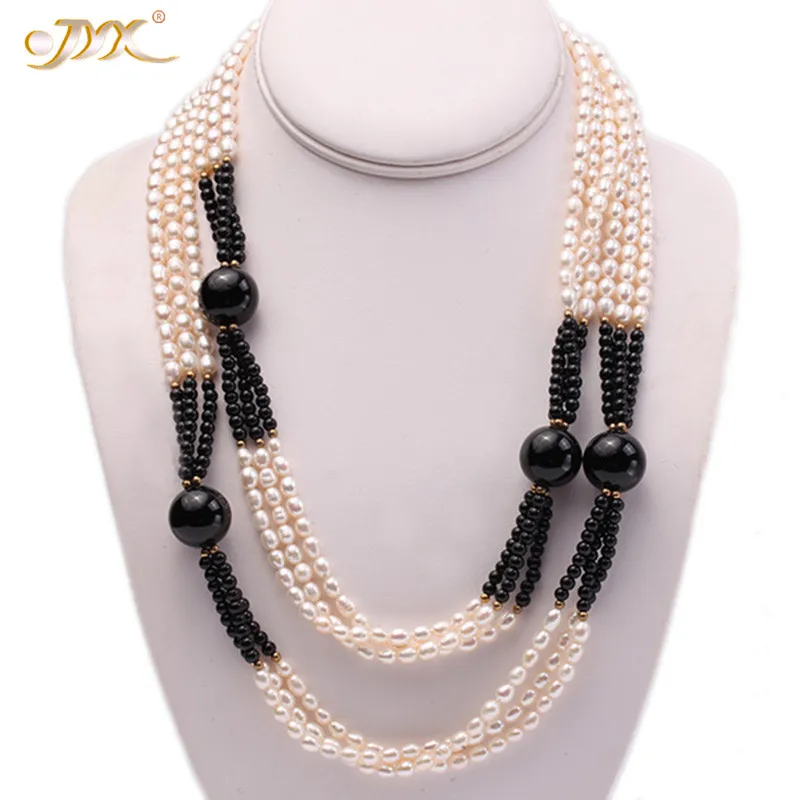 

JYX 4-14mm white oval freshwater pearl and black round agate necklace Jewelry Gift for Women