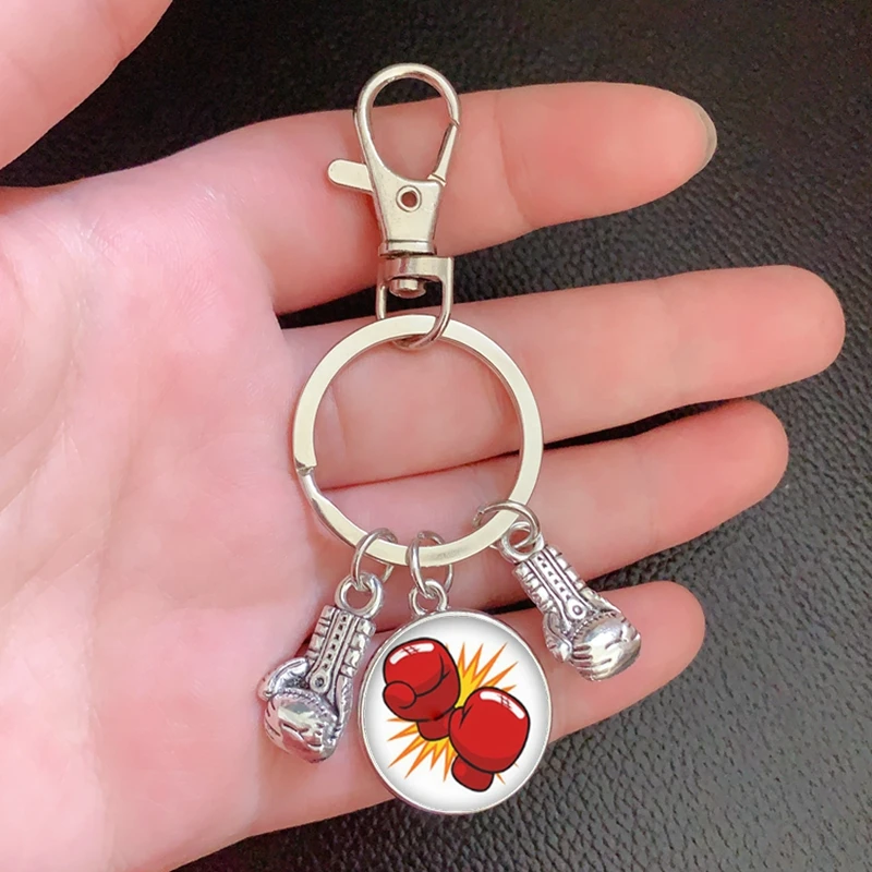 New fashion glass cabochon keychain boxing glove pendant boxing lobster clasp DIY men and women car keychain gift