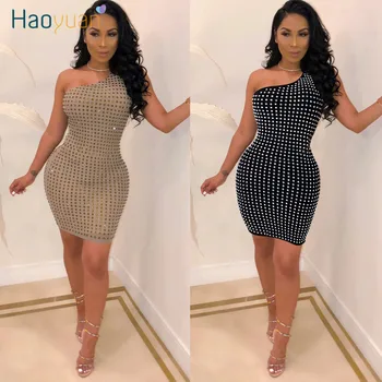 

HAOYUAN Sexy Rhinestone Bodycon Mini Dress Summer Clother for Women Elegant One Shoulder Backless Tight Night Party Club Dresses
