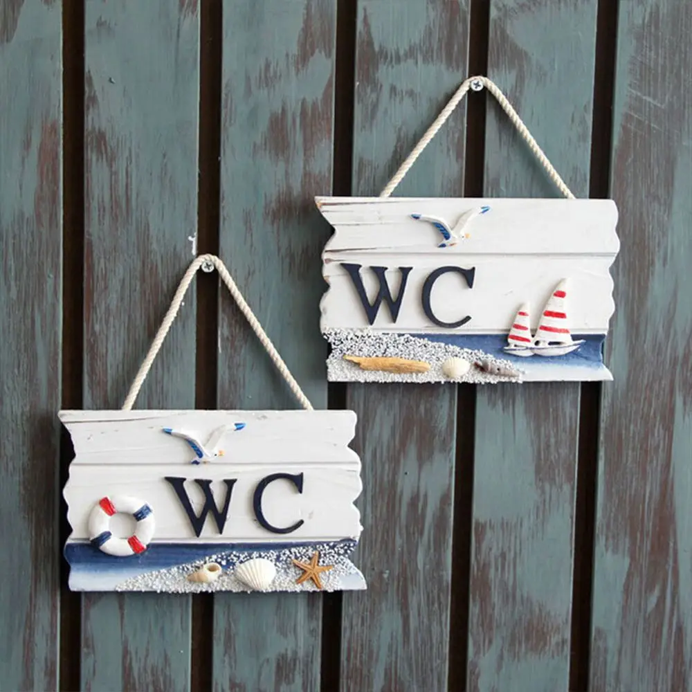 Wooden Hanging Sign Bathroom WC Plaque Seaside Beach Theme Shabby T3 