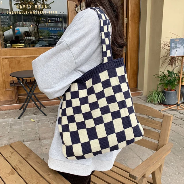 White Checkered Pattern Tote Bag