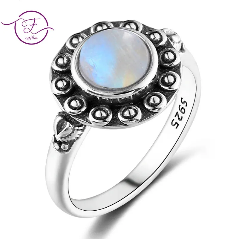 925 Silver Ring Round 7MM Natural Moonstone and Natural Purple Dragon Crystal Retro Heart Ring Engagement Wedding Party Gift