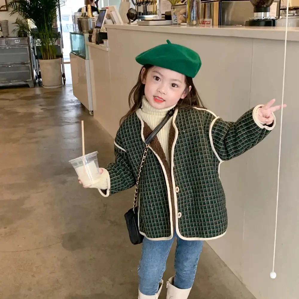 

Autumn Winter Girl Imitation Lambswool Coat Button O Neck Warm Jacket For Girls Green Brown Cute Toddler Kids Outwear 3 4 5 7