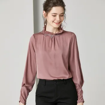 

Elegant Silk Blouse Solid Color High Quality Luxury Lace Stain Shirt Spring Lantern Sleeve Purple Ladies Tops Stand Collar Blue