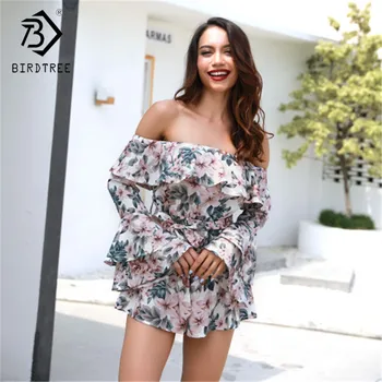 

New Holiday Jumpsuit Women Floral Print Slash Neck Ruffles Elastic Waist Sashes Loose Playsuit Rompers Flare Sleeve D02908Y