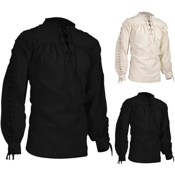 

New Mens shirts Medieval Pirate Shirts Renaissance Lace Up Scottish Blouses Tops Vintage Solid Bandage Men's Long Sleeve Shirt