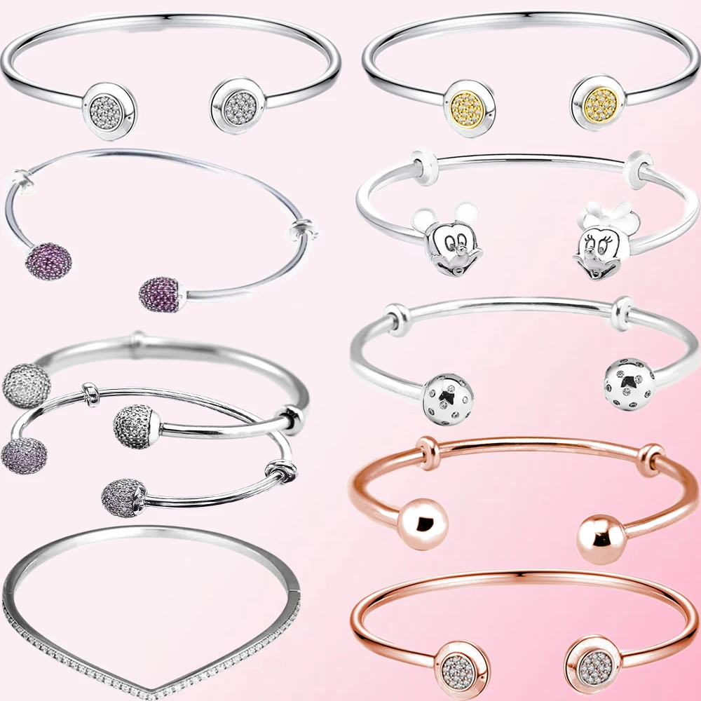 

2019 100% 925 Sterling Silver Classic MOMENTS SILVER Rose Gold OPEN BANGLE Women's Charm Personality Jewelry Free Shipping