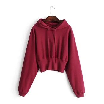 

Spring Autumn Solid Empire Short Female Hoodies Solid Black White Burgundy Hooded Long Sleeve Woman Sweatshirt