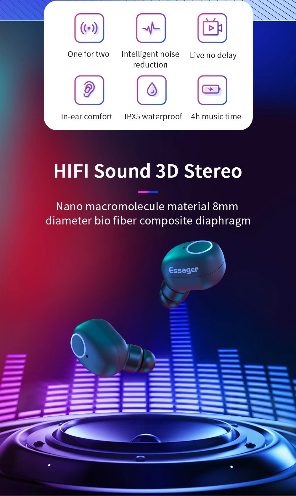 Essager T1 TWS Bluetooth 5,0 наушники мини настоящие Беспроводные наушники с микрофоном Спортивная беспроводная гарнитура для телефона