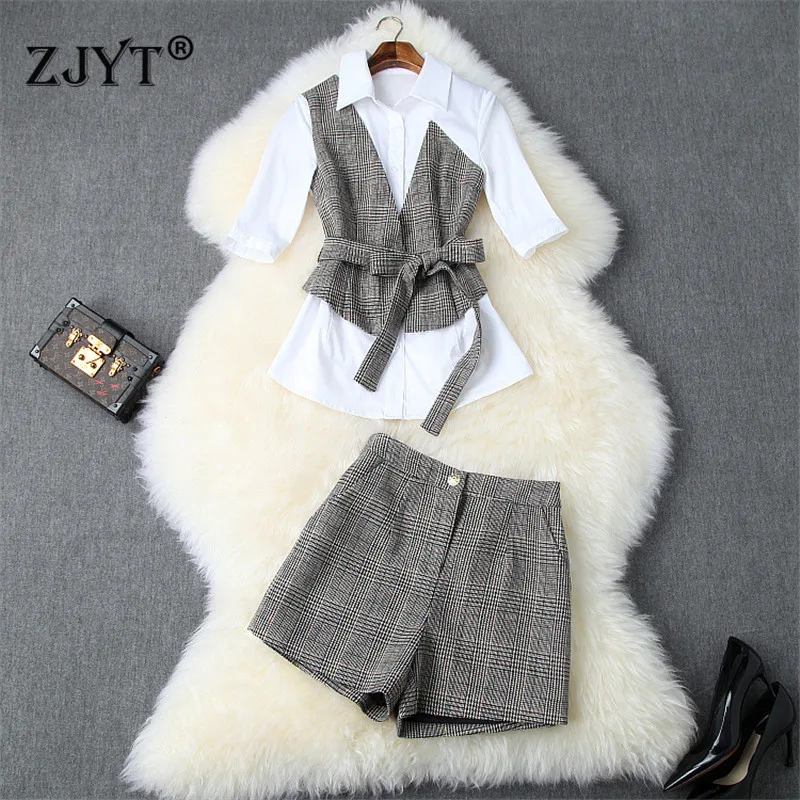 

2019 New Autumn Elegant Lady Office 2 Piece Pants Set Women's Vintage Plaid Patchwork Blouse and Shorts Suit Set Casual Outfits