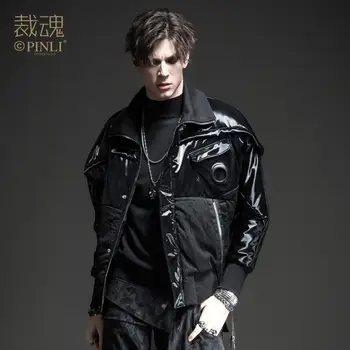 

Free Shipping New Male men's fashion soul winter new style personality black mens dark stitching PU Cotton jacket BC194105431