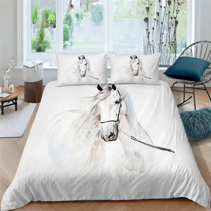 

Luxury 3D White Horse Printed 2/3Pcs Bedding Set Animal Pattern Duvet Cover Pillowcase Home Textile Queen and King EU/US/AU Size