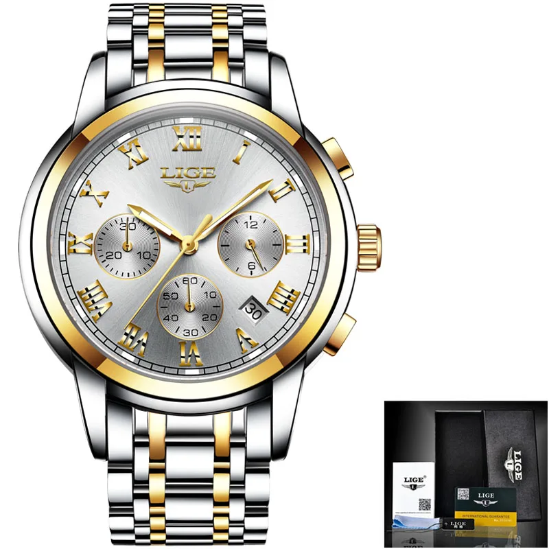 S gold white Relogio Masculino лучший подарок LIGE часы мужские полностью стальные водонепроницаемые Бизнес Кварцевые часы мужские s часы Топ Роскошный спортивный хронограф - Цвет: S gold white