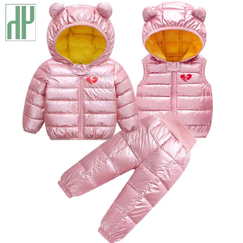 Детская зимняя одежда теплая Рождественская осенняя одежда для малышей куртка+ жилет+ штаны, комплект из 3 предметов, спортивный костюм для маленьких мальчиков и девочек - Цвет: 3pcspink