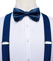 Royal Blue Mens Suspenders Bow Tie Set Elastic Silk Leather 6 Clips Braces Y-Back Suspender Butterfly Pocket Square Set DiBanGu