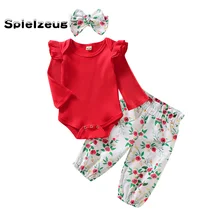 3 предмета, Одежда для новорожденных девочек Прочный Комбинезон с оборками и длинными рукавами, боди+ штаны с цветочным принтом+ повязка на голову, комплект одежды, roupa# g4