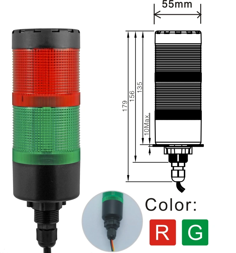 ELEWIND 55mm LED Signal Tower Incontinous Light or Continous Light With Buzzer(YWJD-55A/D/2/RG/24V to 220V)