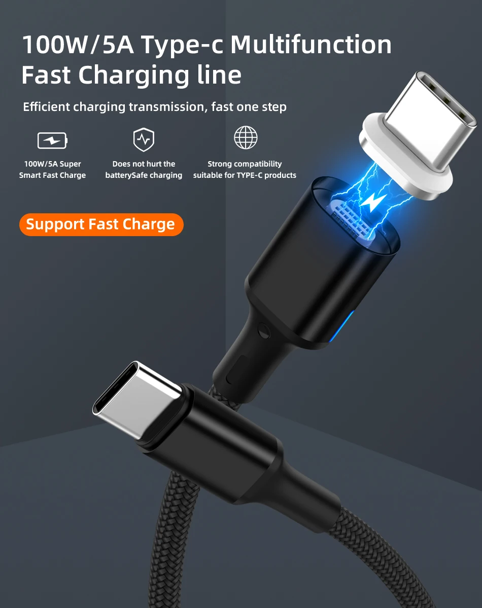 Магнитный Кабель USB 3,1 100 Вт PD Quick Charge 4,0 type C to USB C кабель для samsung S10 S9 5A кабель для быстрой зарядки для MacBook Pro