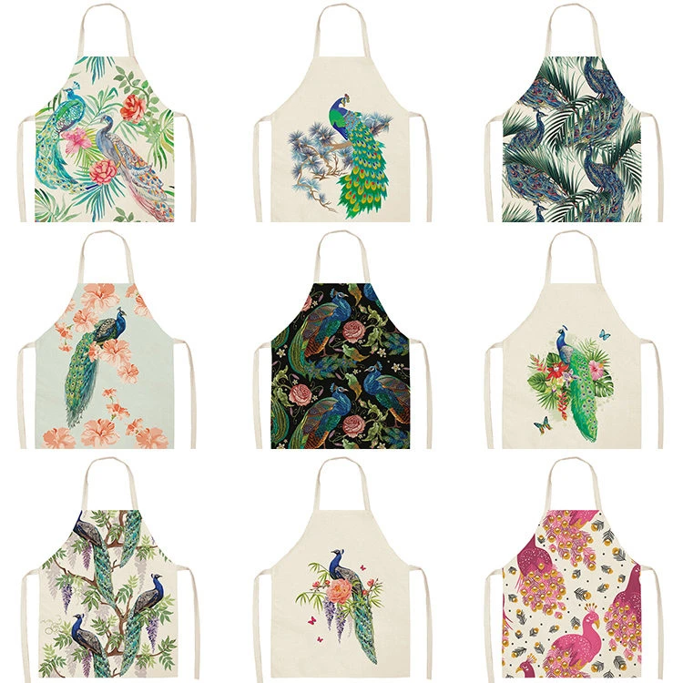 1Pcs Peacock Flower Kitchen Aprons For Women Cotton Linen Bibs Household Cleaning Pinafore Home Cooking Apron 53*65cm WQL0177