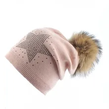 Зимняя женская шапка с натуральным мехом, шапка с помпонами, теплая шерстяная вязаная шапка со звездами, стразы, Skullies Beanies, женская модная Лыжная шапка с помпоном